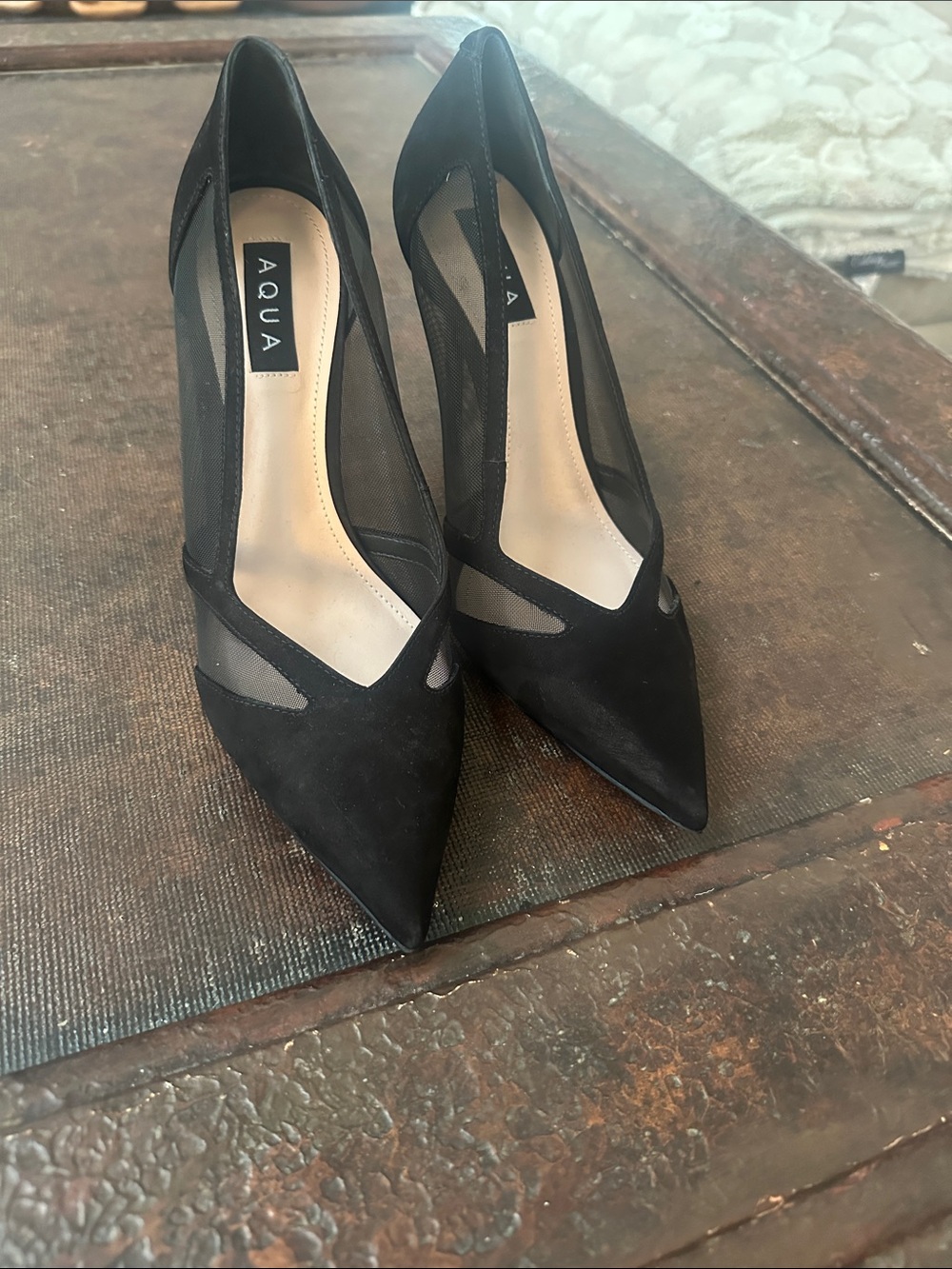 Aqua Black Pointed Mesh Suede Pumps